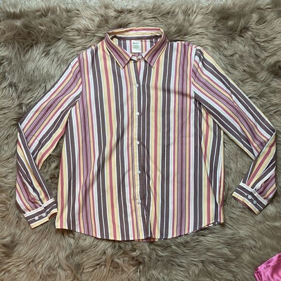 Blair Two Piece Set Long Sleeve Button Down Striped Pajama Top & Satin Bottoms - Picture 2 of 10